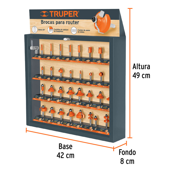 Exhibidor con 30 brocas para router, Truper 55218 EXMO-ROU