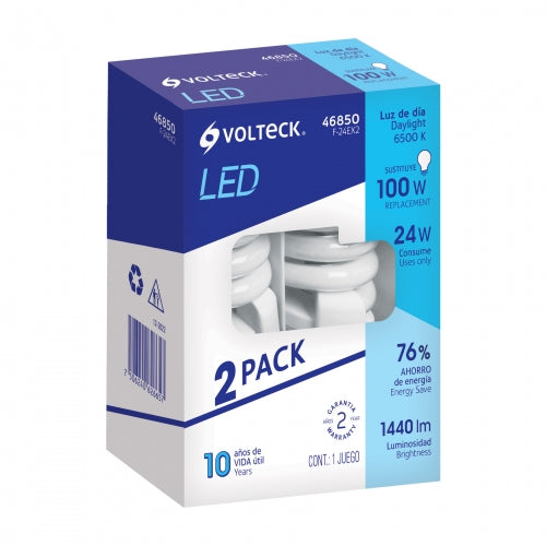 Pack 2 lámparas espiral T4 24 W luz de día, blíster, Volteck 46850 F-24EX2