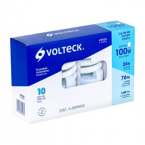 Pack 4 lámparas espiral T4 24 W luz de día, caja, Volteck 46826 F-24EX4