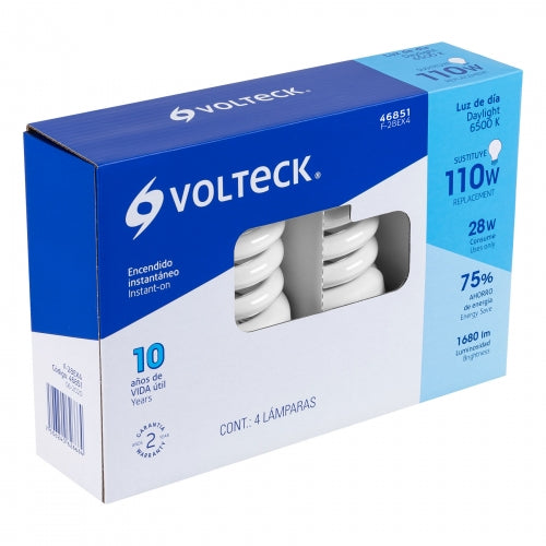 Pack 4 lámparas espiral T4 28 W luz de día, caja, Volteck 46851 F-28EX4