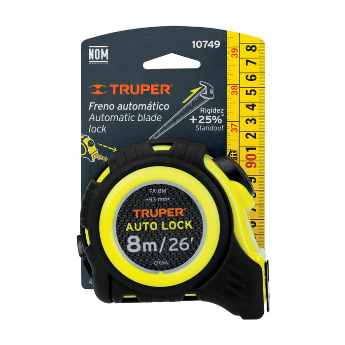Flexómetro Auto-Lock contra impactos 8 m cinta 25 mm, Truper 10749 FA-8M