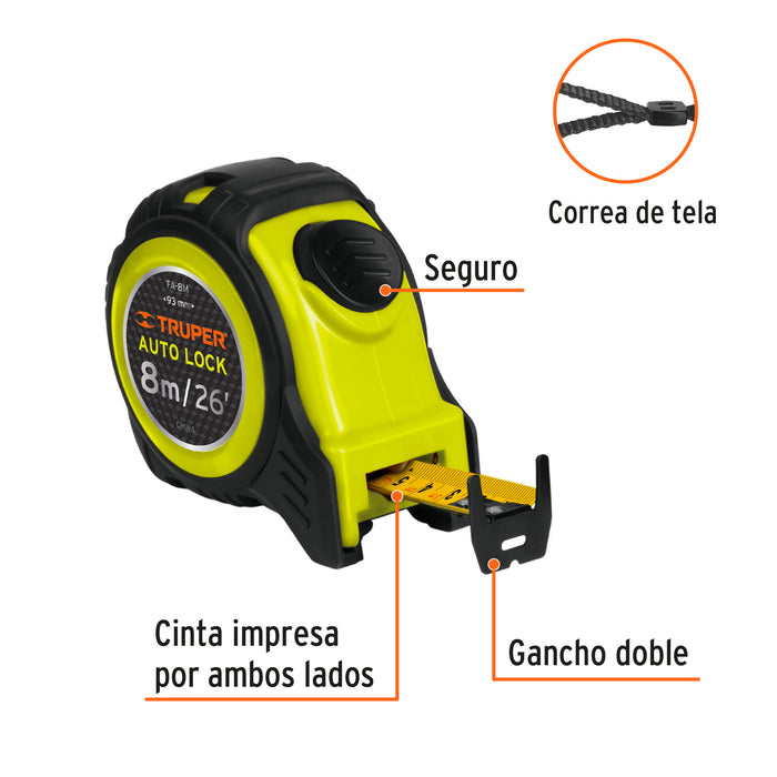 Flexómetro Auto-Lock contra impactos 8 m cinta 25 mm, Truper 10749 FA-8M