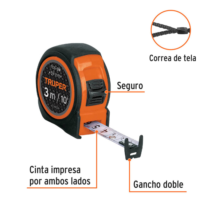 Flexómetro compacto contra impactos 3 m cinta 16 mm, Truper 12771 FCG-3M