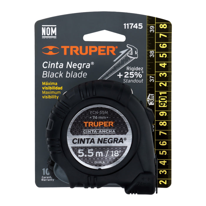 Flexómetro contra impactos 5.5 m, Cinta Negra 25 mm, Truper 11745 FCN-55M
