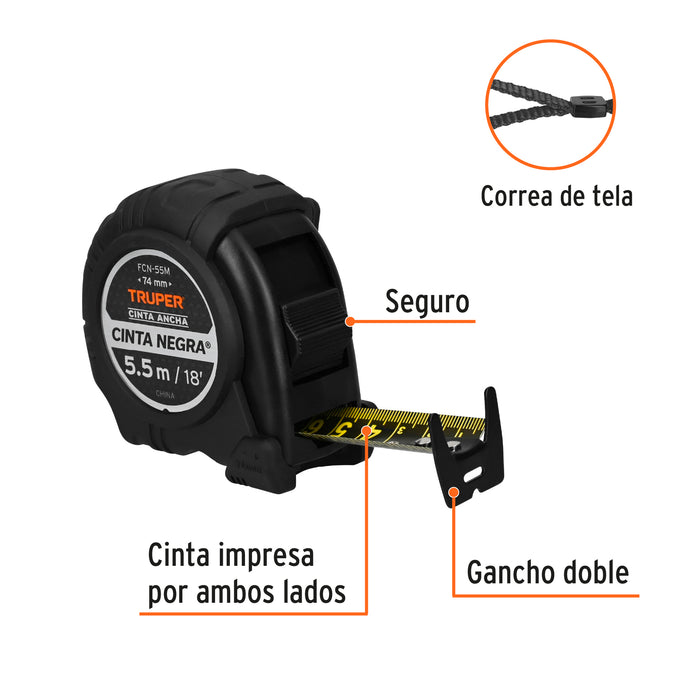 Flexómetro contra impactos 5.5 m, Cinta Negra 25 mm, Truper 11745 FCN-55M