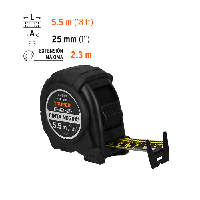 Flexómetro contra impactos 5.5 m, Cinta Negra 25 mm, Truper 11745 FCN-55M