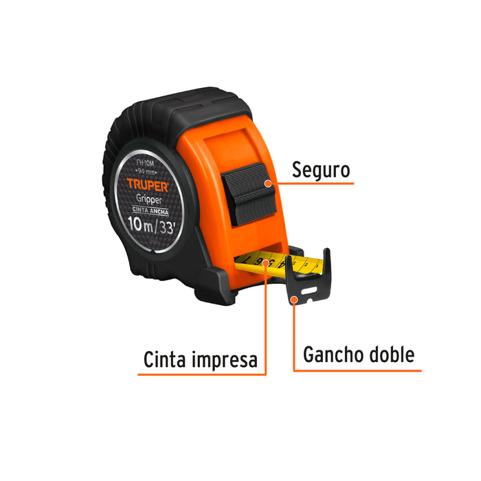 Flexómetro Gripper contra impactos 10 m cinta 32 mm, Truper 14582 FH-10M