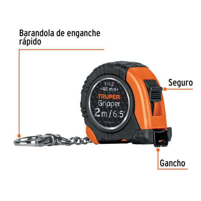 Flexómetro Gripper de 2 m tipo llavero, cinta 13 mm, Truper 14602 FH-2