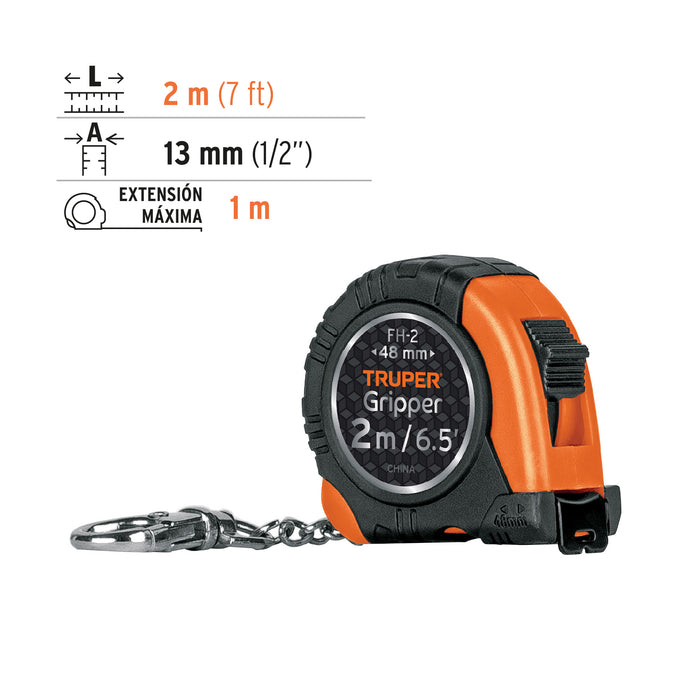 Flexómetro Gripper de 2 m tipo llavero, cinta 13 mm, Truper 14602 FH-2