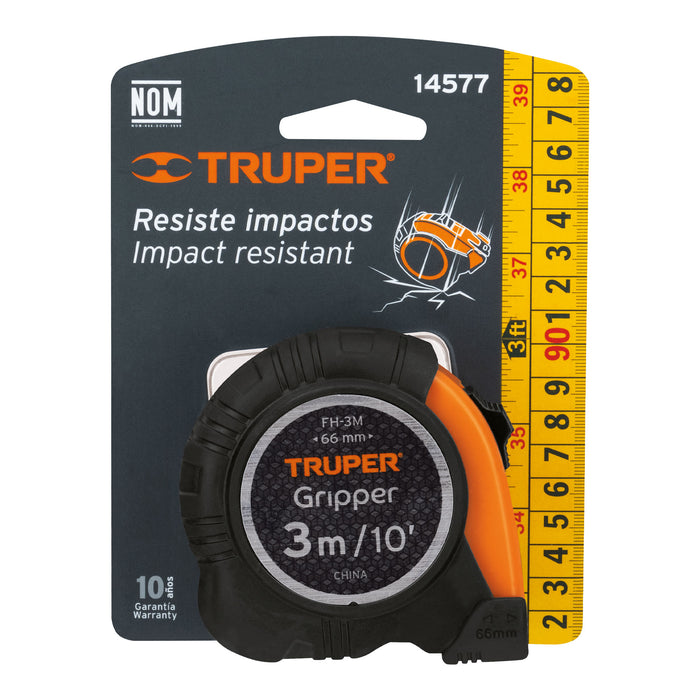 Flexómetro Gripper contra impactos 3 m cinta 13 mm, Truper 14577 FH-3M