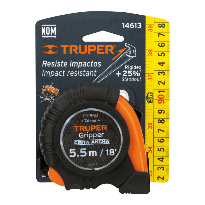 Flexómetro Gripper contra impactos 5.5 m cinta 25 mm, Truper 14613 FH-55M
