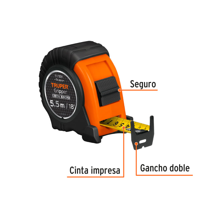 Flexómetro Gripper contra impactos 5.5 m cinta 25 mm, Truper 14613 FH-55M