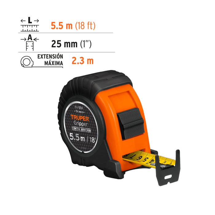 Flexómetro Gripper contra impactos 5.5 m cinta 25 mm, Truper 14613 FH-55M