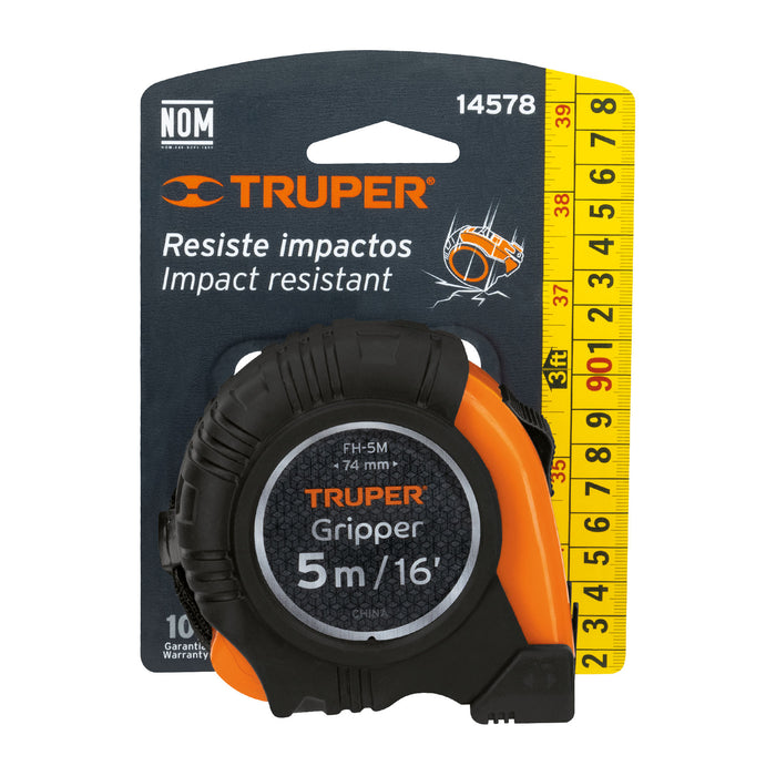 Flexómetro Gripper contra impactos 5 m cinta 19 mm, Truper 14578 FH-5M