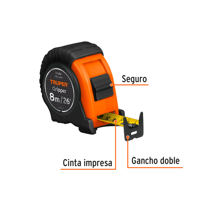 Flexómetro Gripper contra impactos 8 m cinta 25 mm, Truper 14579 FH-8M