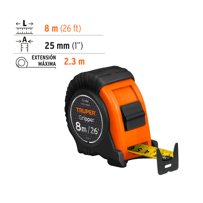 Flexómetro Gripper contra impactos 8 m cinta 25 mm, Truper 14579 FH-8M