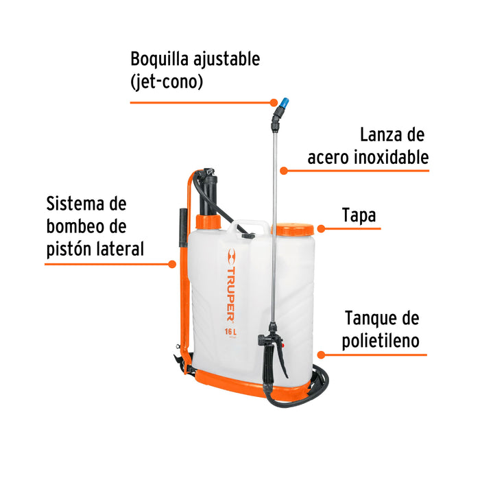 Fumigador de 16 L manual de mochila, Truper 14192 FUM-16
