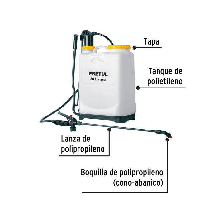 Fumigador de 20 L manual de mochila, Truper 14193 FUM-20