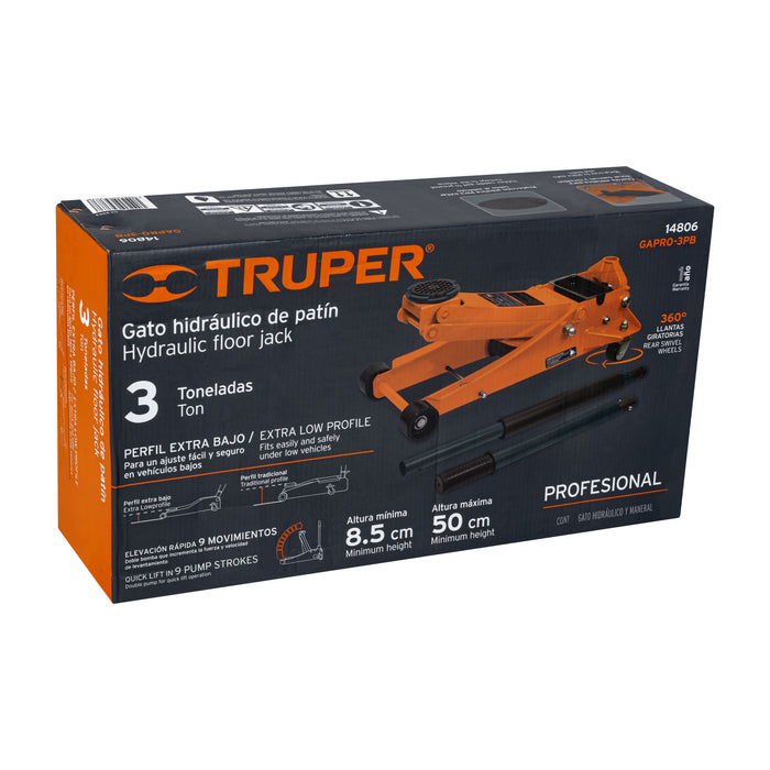 Gato hidráulico profesional de patín, 3t, elevación rápida 14806 GAPRO-3PB