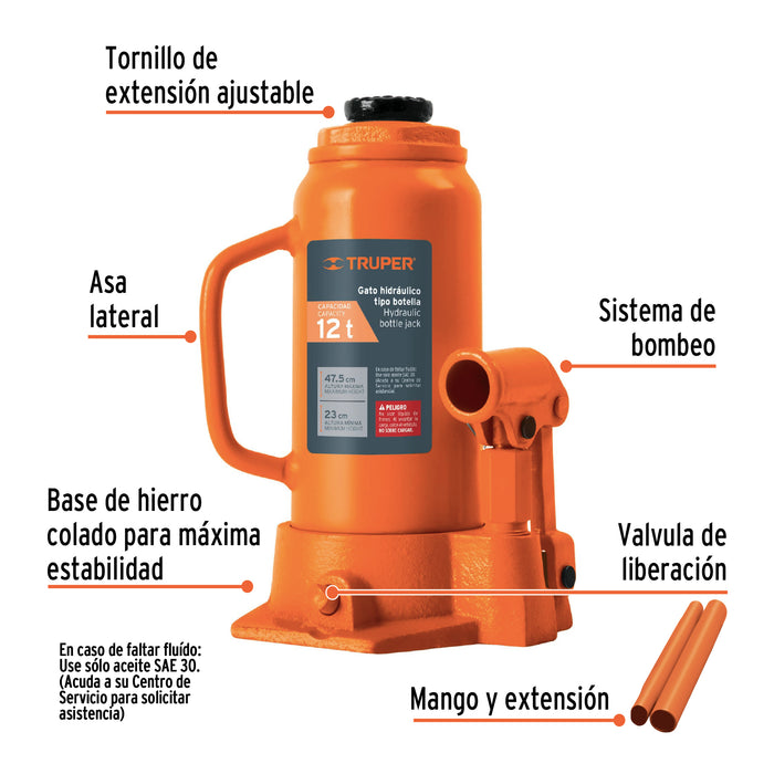 Gato hidráulico de botella de 12 Ton, Truper 14818 GAT-12