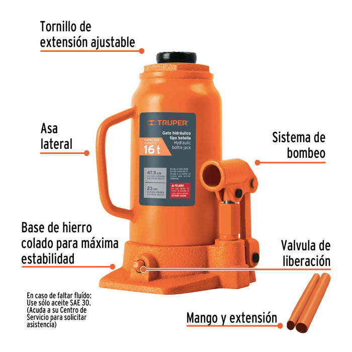 Gato hidráulico de botella de 16 Ton, Truper 14820 GAT-16