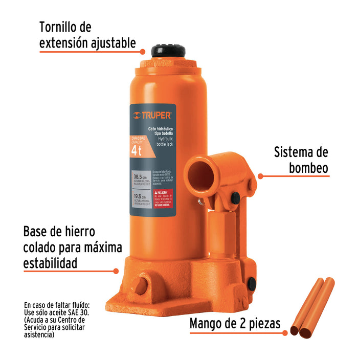 Gato hidráulico de botella de 4 Ton, Truper 14812 GAT-4