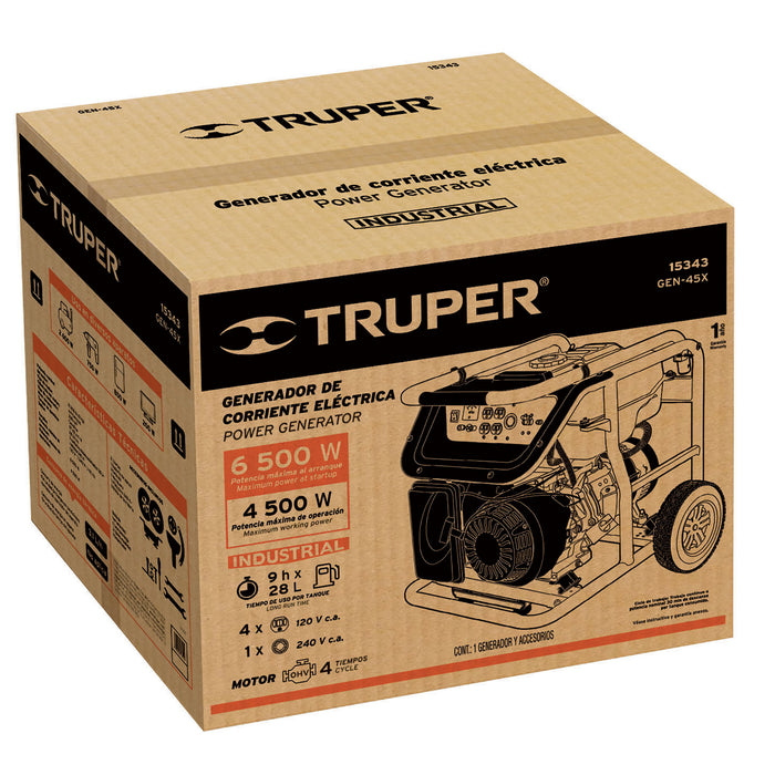 Generador portátil 4.5 kW motor a gasolina, Truper 15343 GEN-45X