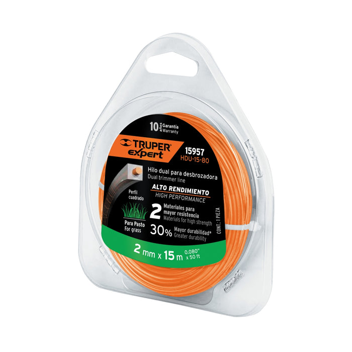 Rollo de hilo dual p/desbrozadora, 2mm x 15m, Truper Expert 15957 HDU-15-80