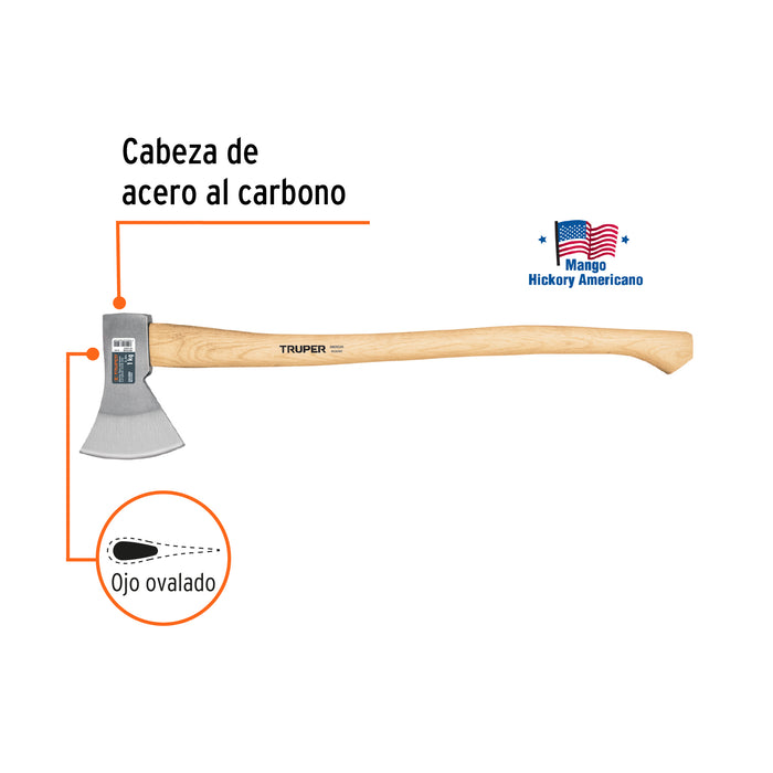 Hacha europea 1000 g, mango hickory 28', Truper 101768 HE-1000
