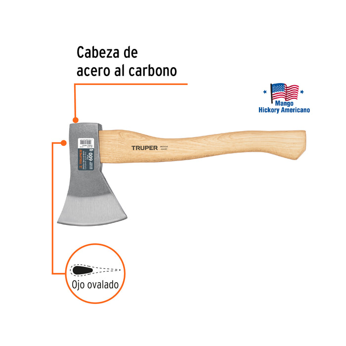 Hacha europea, 600 g, mango hickory 14', Truper 14954 HE-600