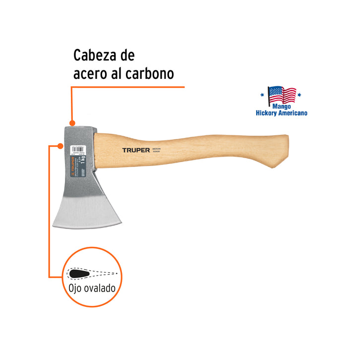 Hacha europea, 800 g, mango hickory 15', Truper 100494 HE-800