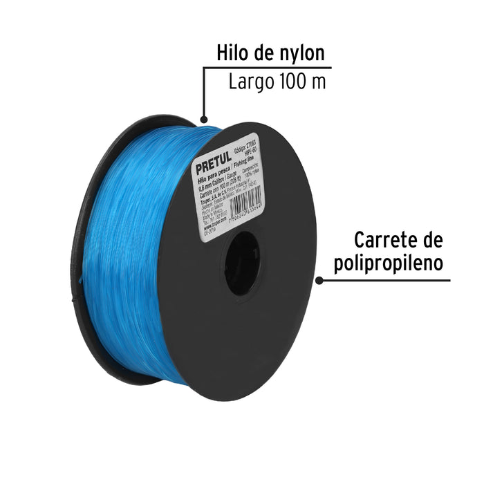Carrete con 100 m de hilo para pesca azul calibre 0.60 mm 27063 HIPE-60