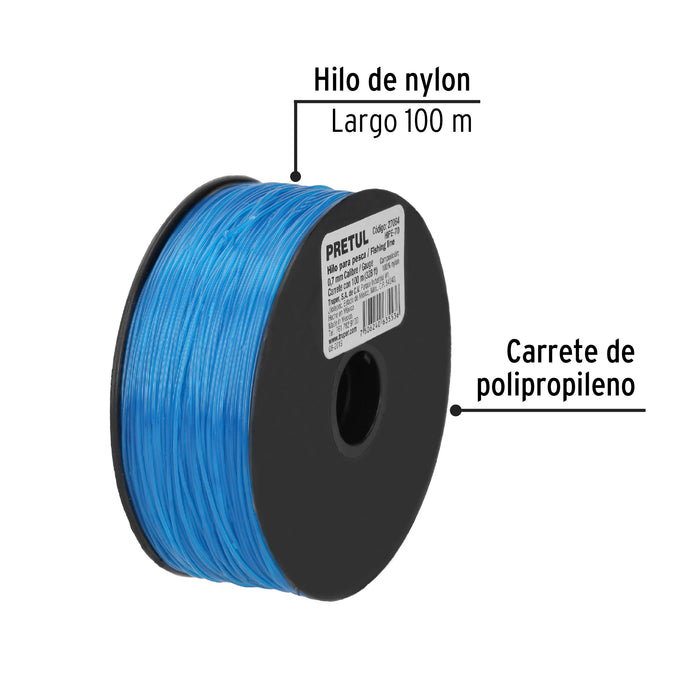 Carrete con 100 m de hilo para pesca azul calibre 0.70 mm 27064 HIPE-70