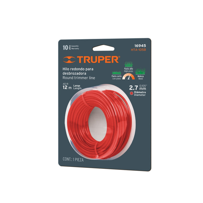 Rollo de hilo para desbrozadora, 2.7 mm x 12 m, Truper 16945 HTA-105B