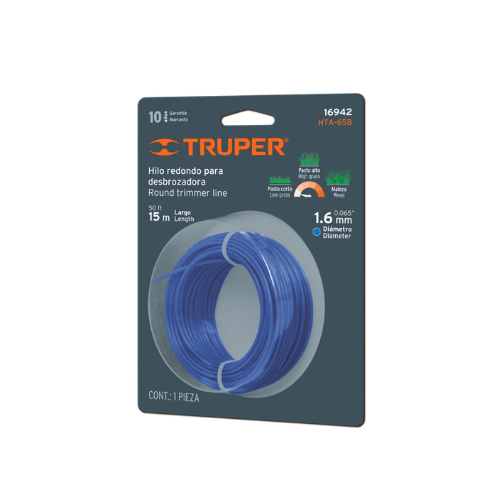 Rollo de hilo para desbrozadora, 1.6 mm x 15 m, Truper 16942 HTA-65B