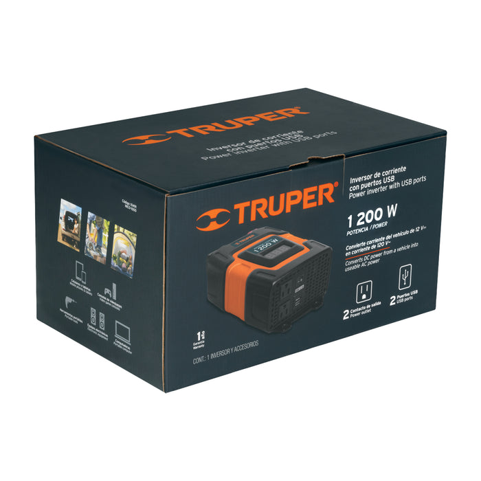 Inversor de corriente de 1200 W con puertos USB, Truper 10491 INCO-1000