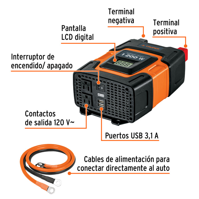 Inversor de corriente de 1200 W con puertos USB, Truper 10491 INCO-1000