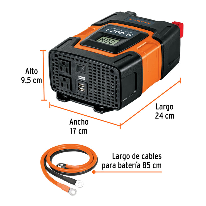 Inversor de corriente de 120 W con puertos USB, Truper 10447 INCO-100