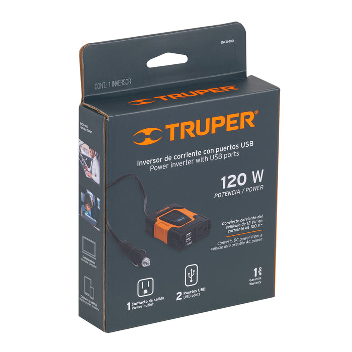 Inversor de corriente de 120 W con puertos USB, Truper 10447 INCO-100
