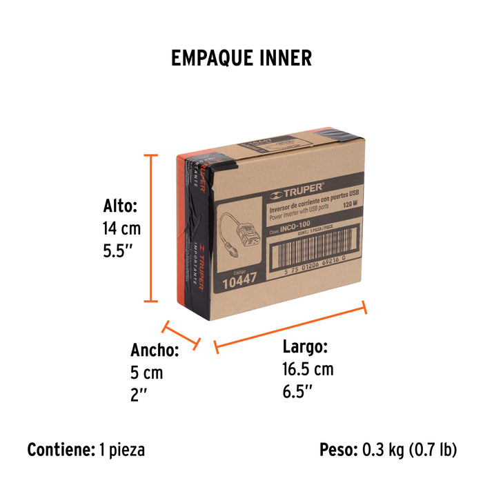 Inversor de corriente de 120 W con puertos USB, Truper 10447 INCO-100