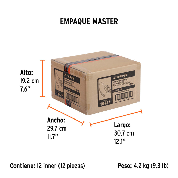 Inversor de corriente de 120 W con puertos USB, Truper 10447 INCO-100