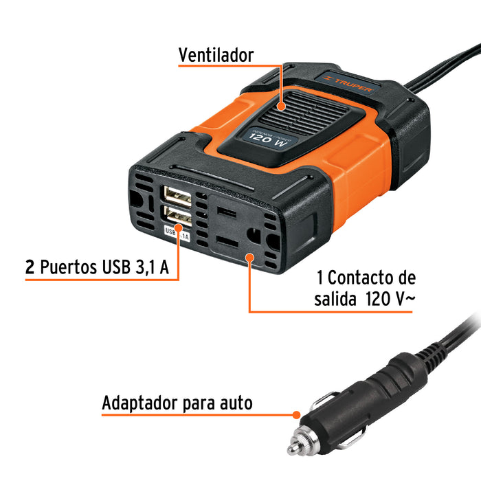 Inversor de corriente de 120 W con puertos USB, Truper 10447 INCO-100