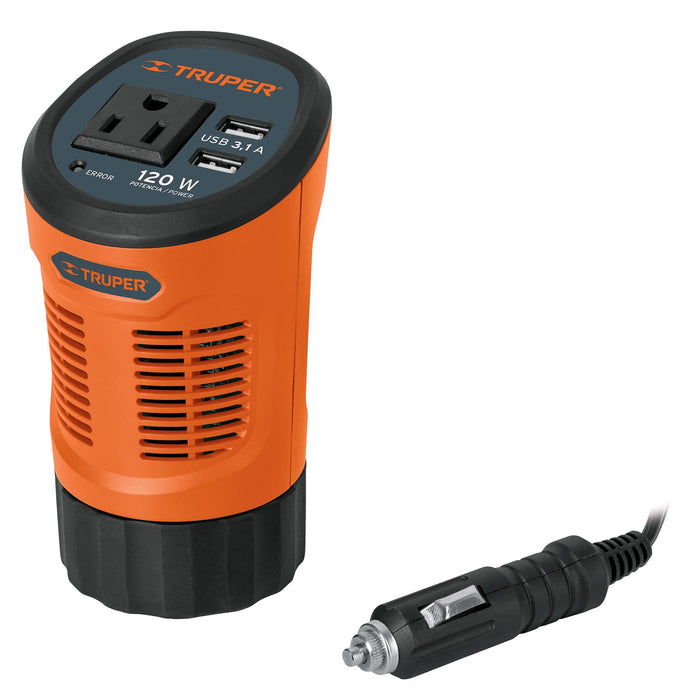 Inversor de corriente 120 W tipo vaso, 2 puertos USB, Truper 15725 INCO-120