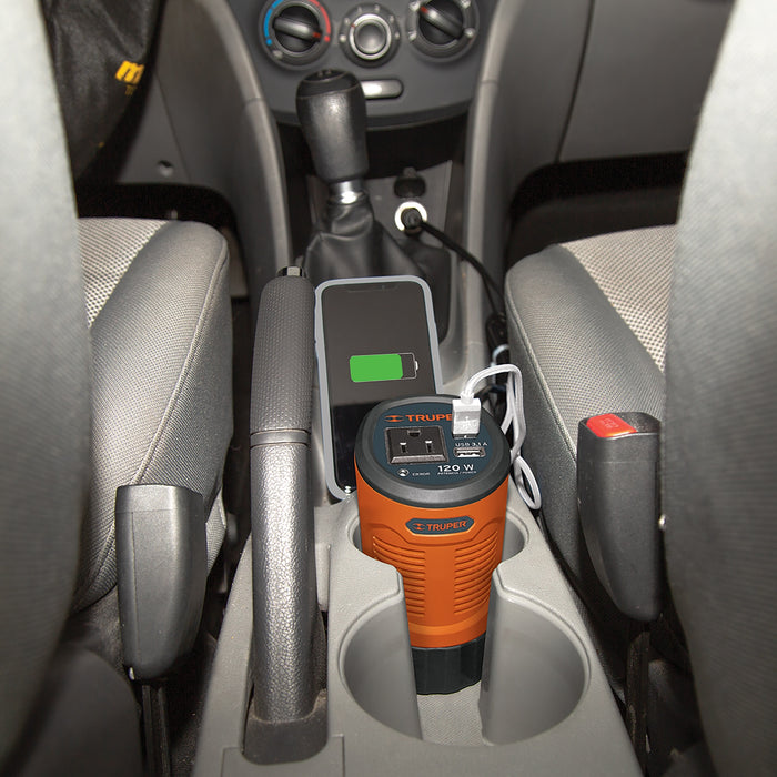 Inversor de corriente 120 W tipo vaso, 2 puertos USB, Truper 15725 INCO-120
