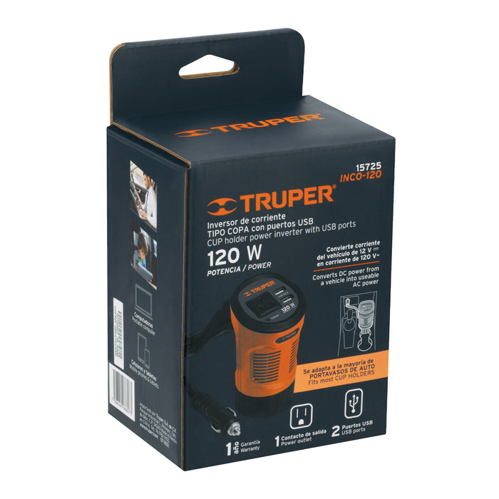 Inversor de corriente 120 W tipo vaso, 2 puertos USB, Truper 15725 INCO-120