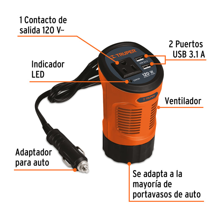 Inversor de corriente 120 W tipo vaso, 2 puertos USB, Truper 15725 INCO-120