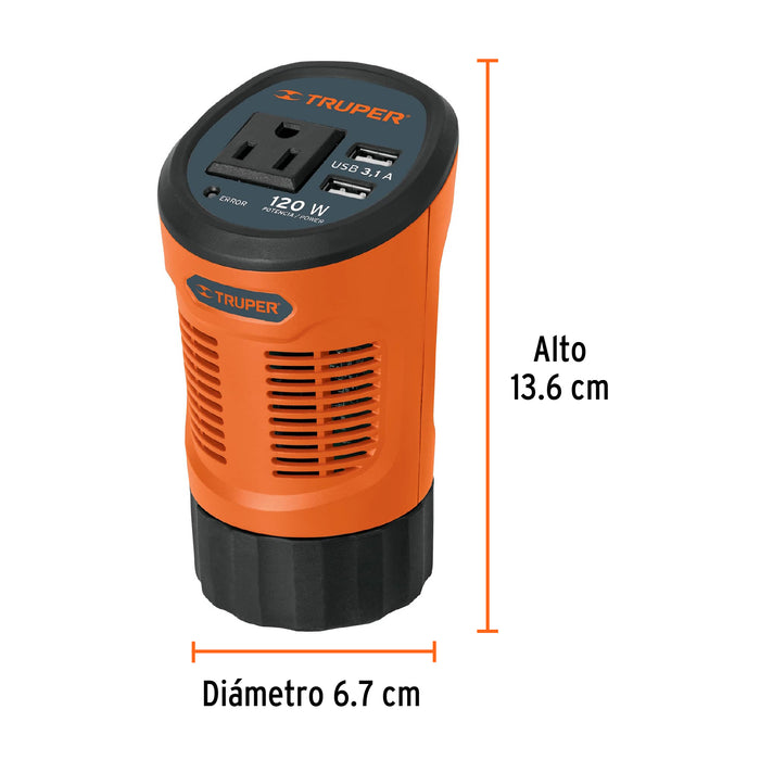 Inversor de corriente 120 W tipo vaso, 2 puertos USB, Truper 15725 INCO-120