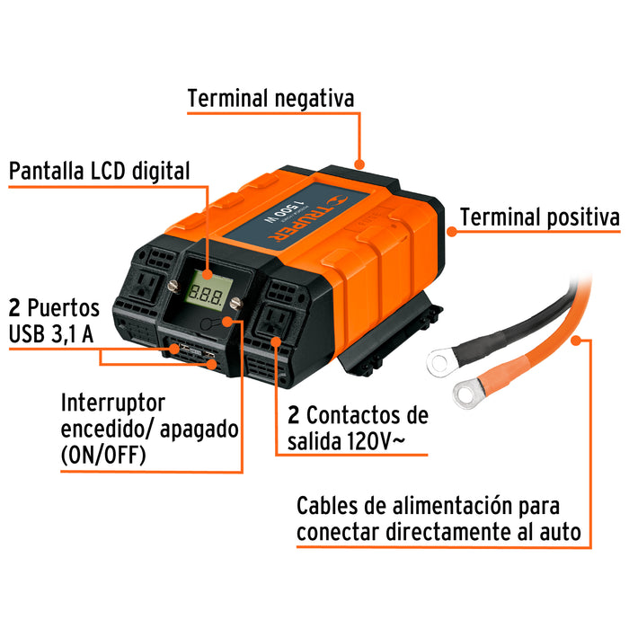 Inversor de corriente de 1500 W con puertos USB, Truper 10492 INCO-1500