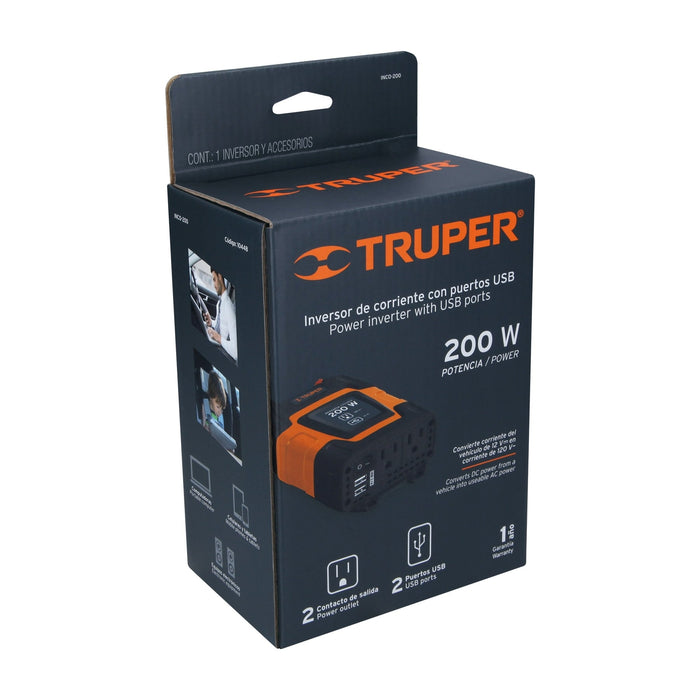 Inversor de corriente de 200 W con puertos USB, Truper 10448 INCO-200