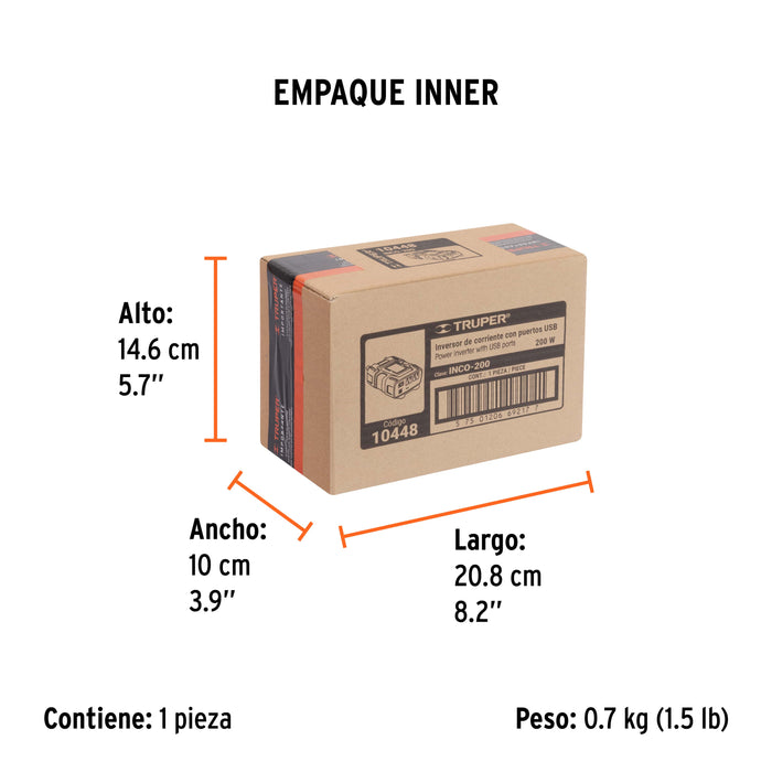 Inversor de corriente de 200 W con puertos USB, Truper 10448 INCO-200
